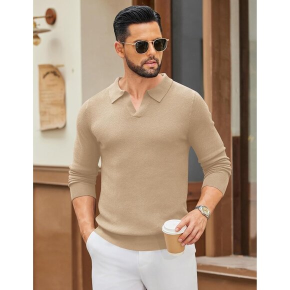 Men's Knit Polo Long Sleeve V-Neck Pullover Sweater Collared Knitted Light Khaki - Picture 2 of 6